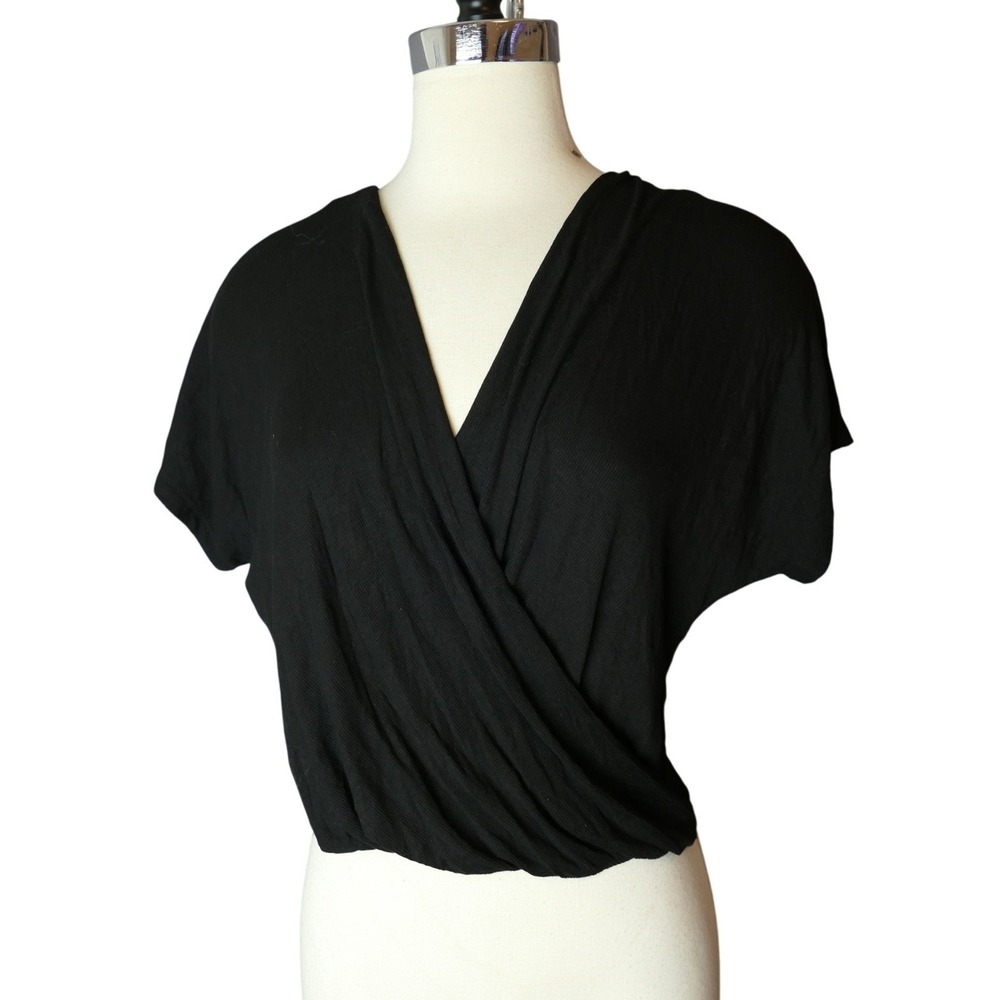Lovers and Friends‎ Black Ribbed Surplice Wrap Cropped Top Womens Small